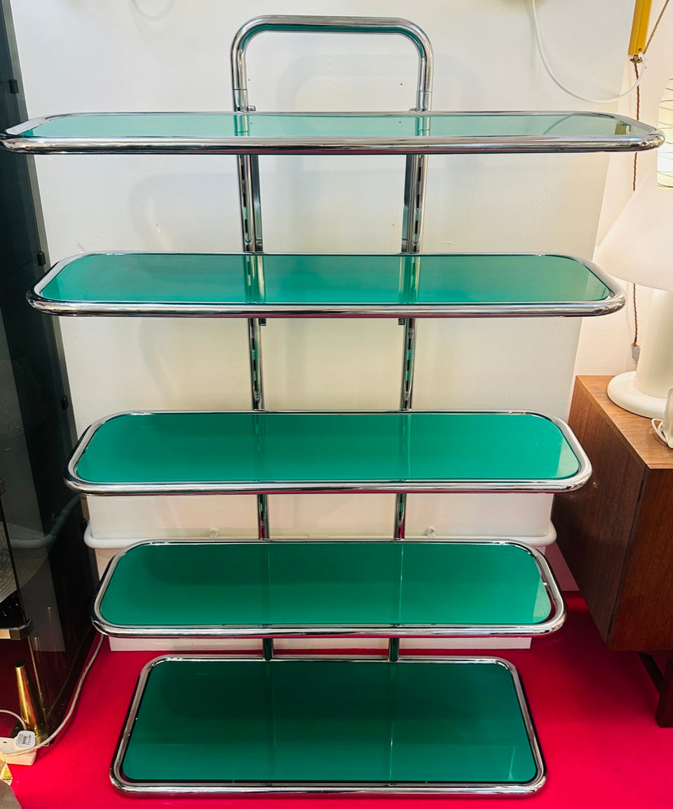 5 Shelf Chrome & Green Perspex Shelving Unit, 1970s