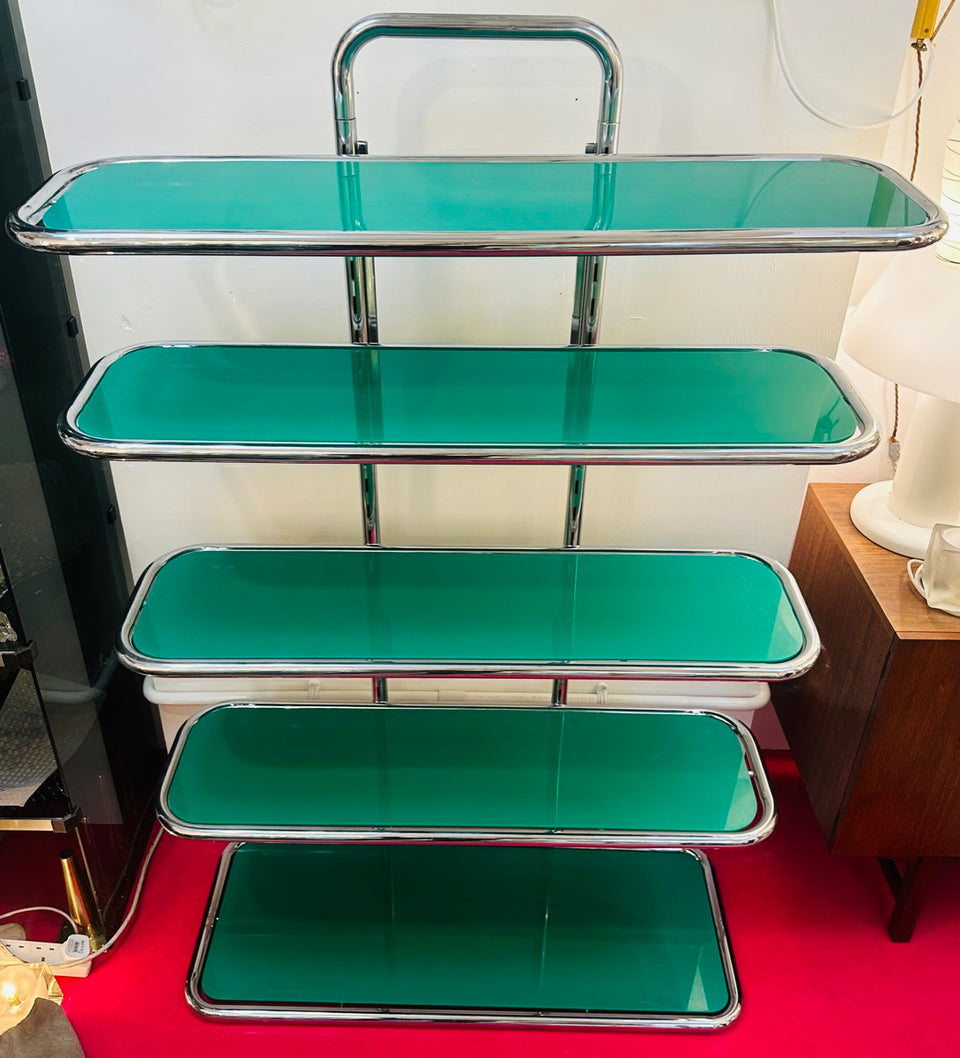 5 Shelf Chrome & Green Perspex Shelving Unit, 1970s