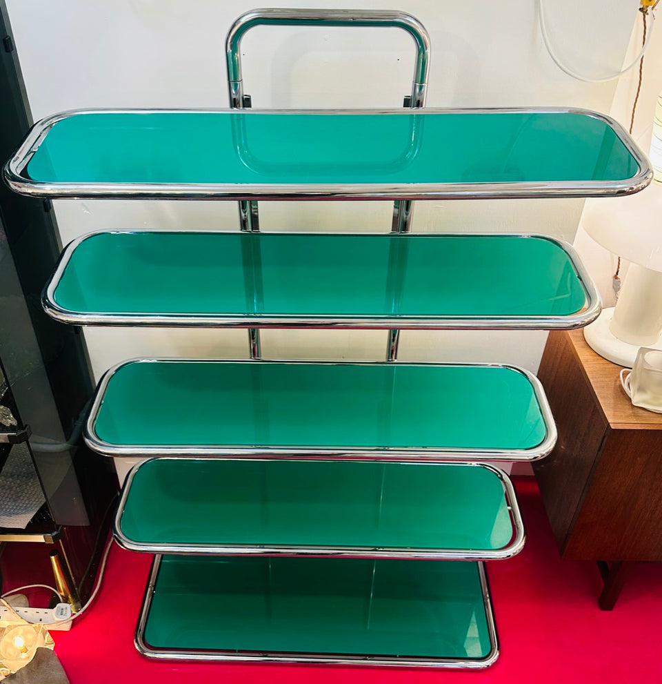 5 Shelf Chrome & Green Perspex Shelving Unit, 1970s