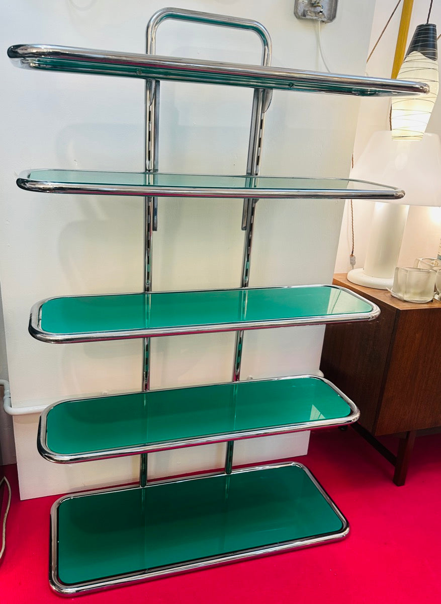 5 Shelf Chrome & Green Perspex Shelving Unit, 1970s
