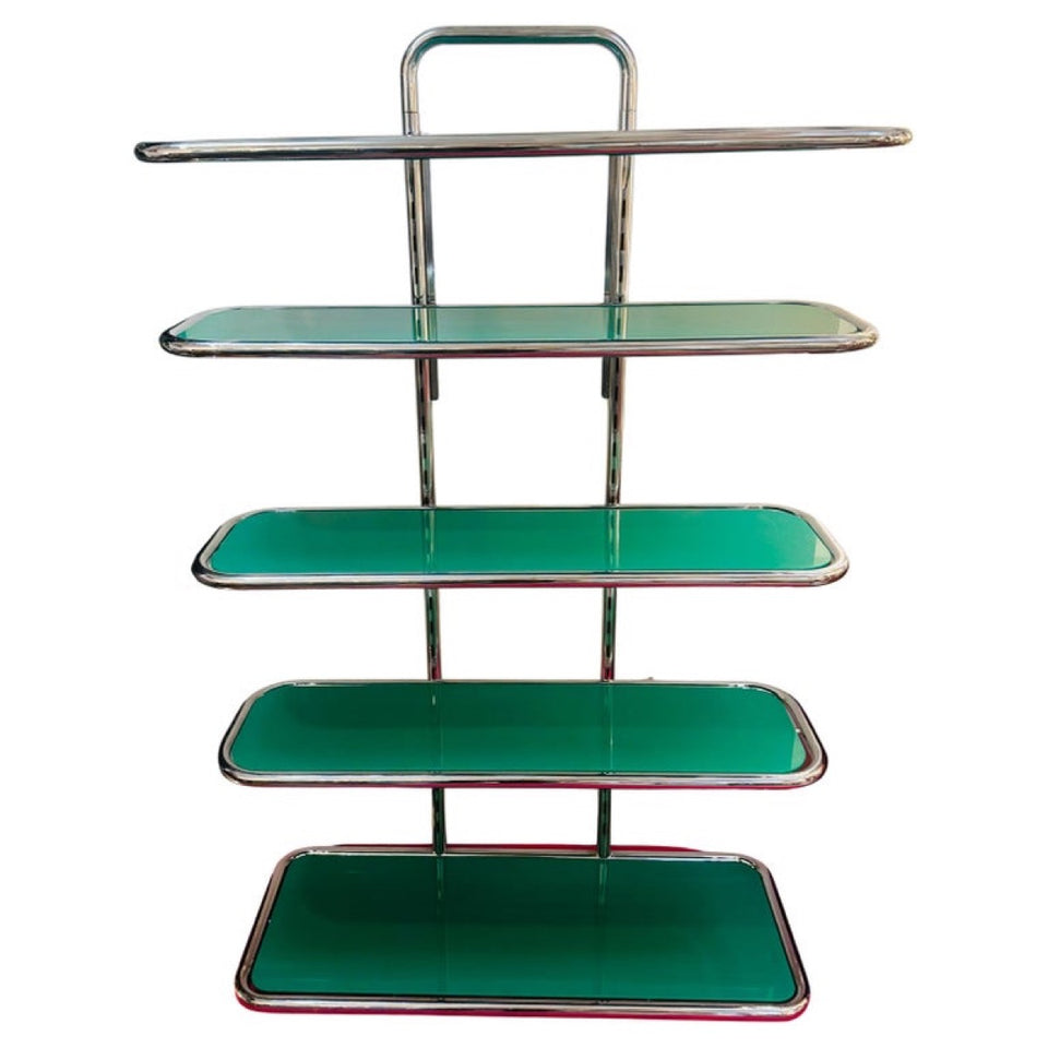 5 Shelf Chrome & Green Perspex Shelving Unit, 1970s