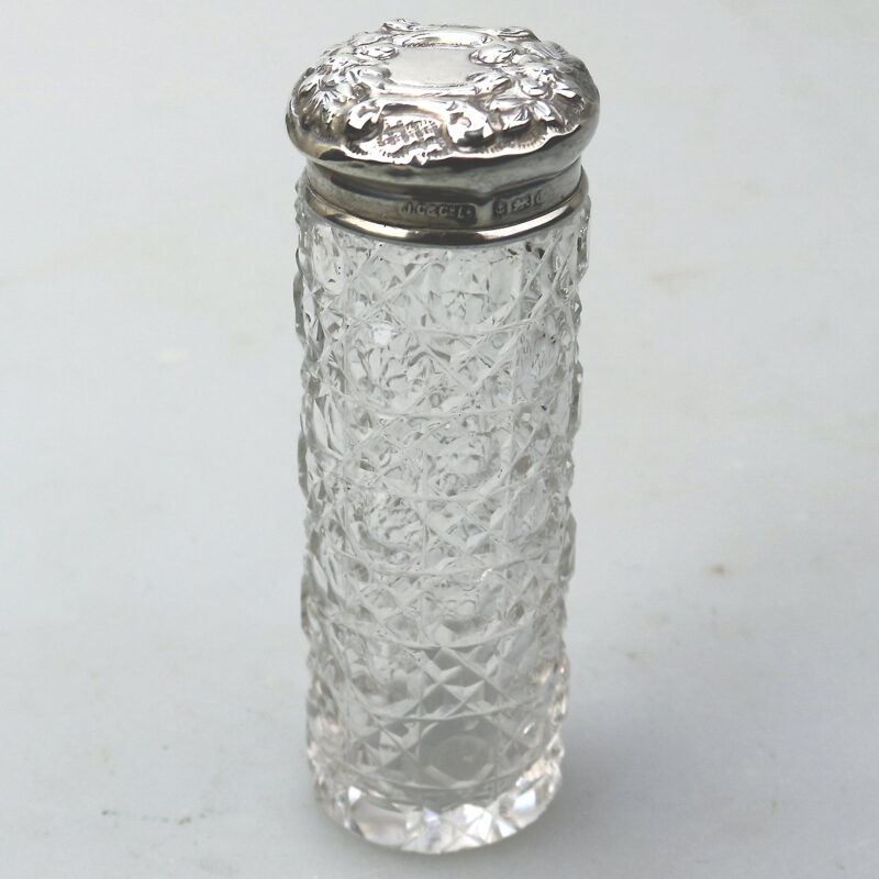 An antique Edwardian English sterling solid silver & cut glass Jar C.1903