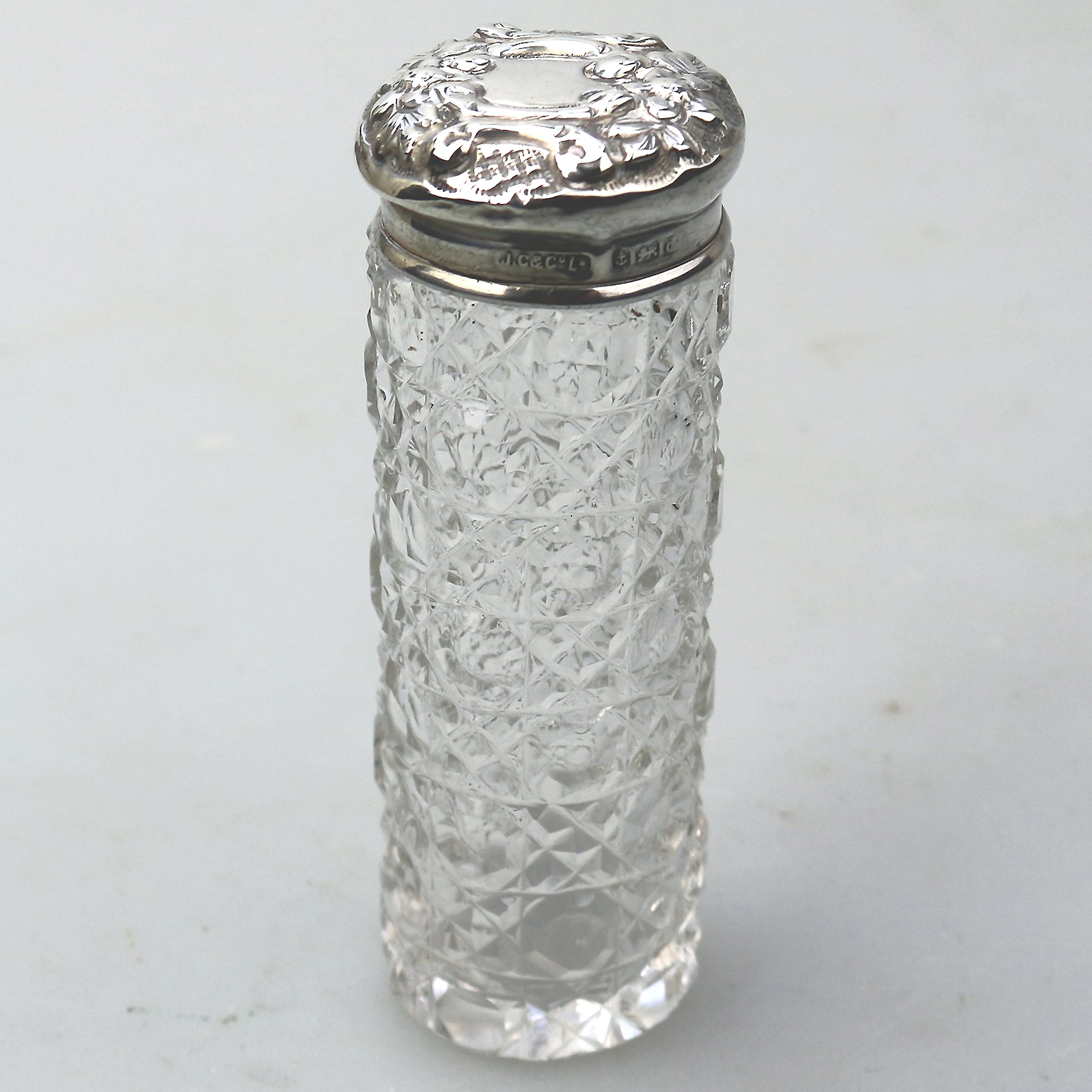 An antique Edwardian English sterling solid silver & cut glass Jar C.1903