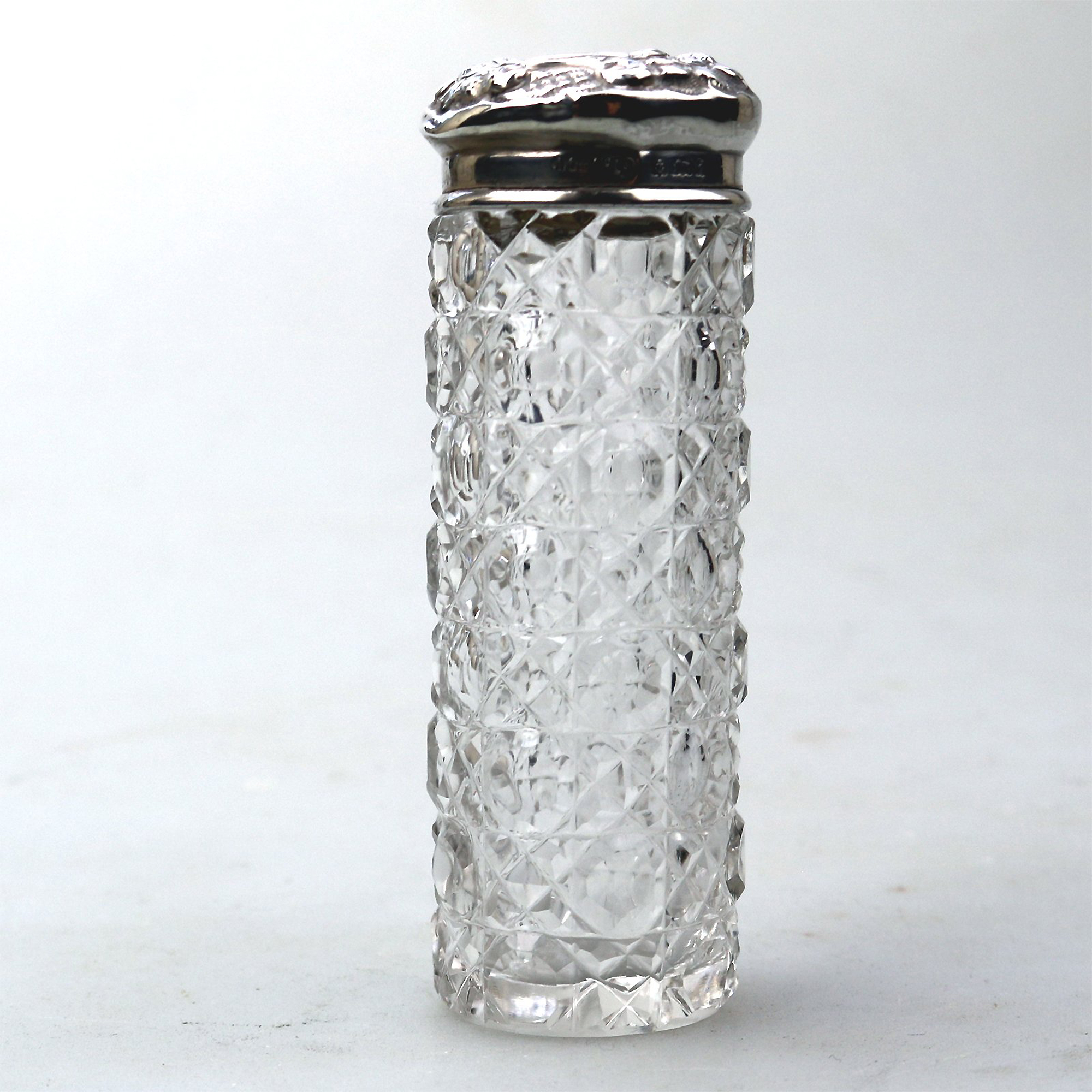 An antique Edwardian English sterling solid silver & cut glass Jar C.1903