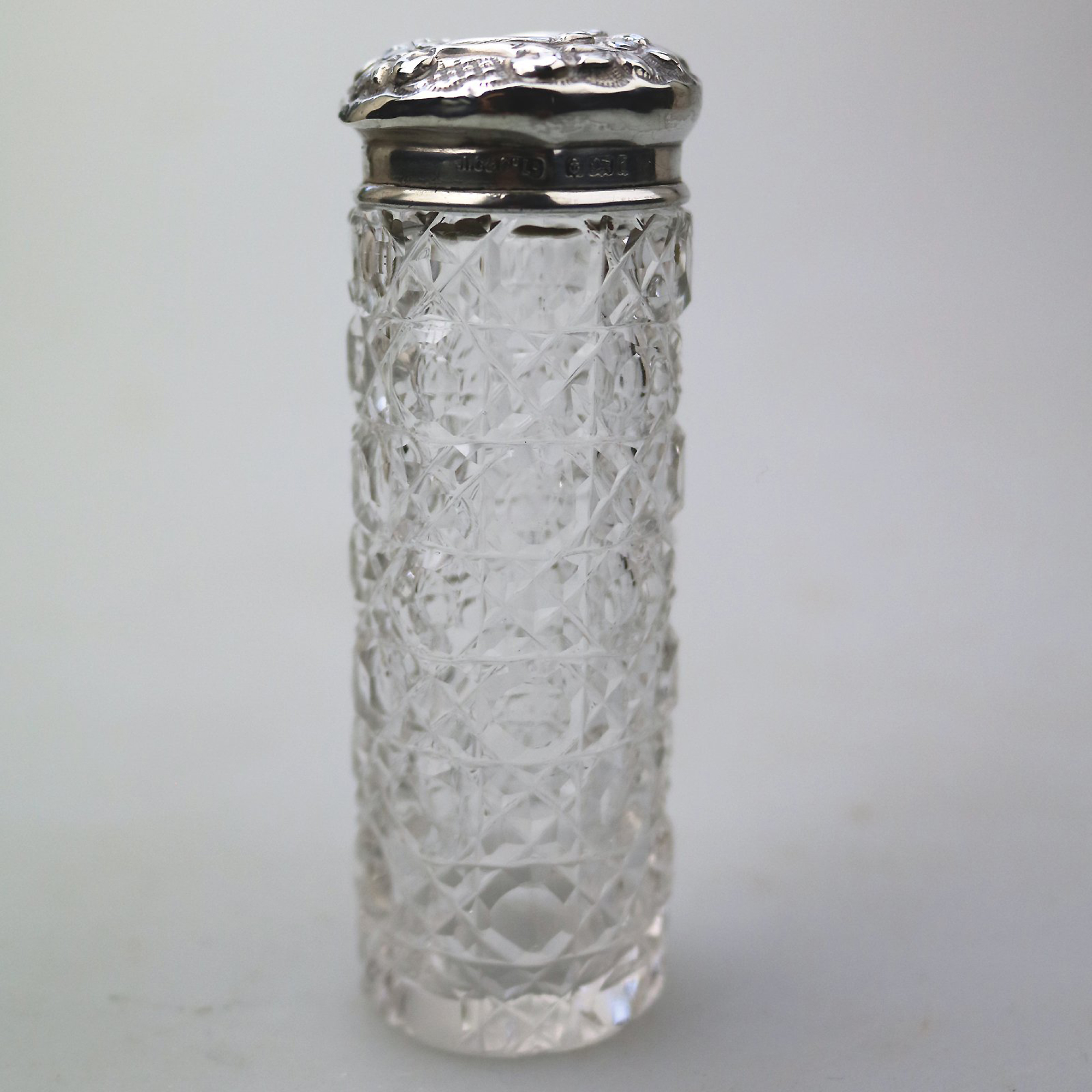 An antique Edwardian English sterling solid silver & cut glass Jar C.1903