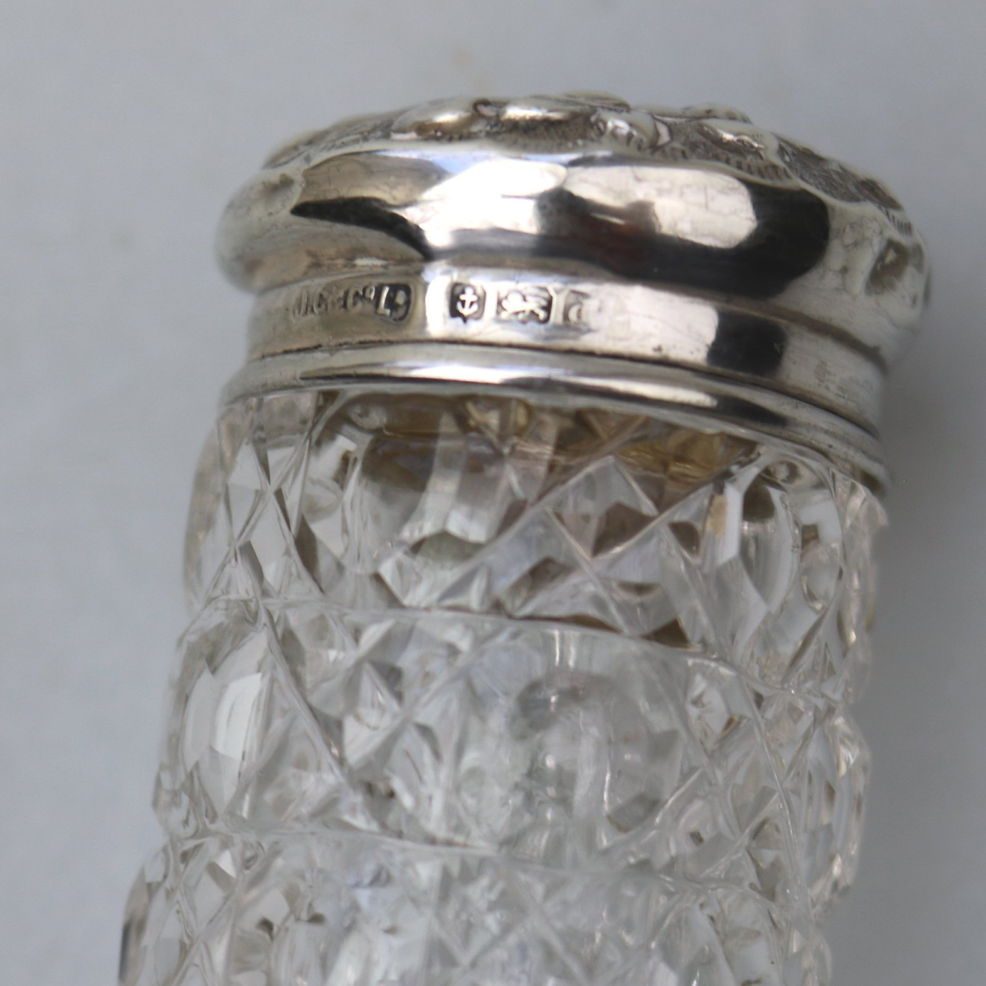 An antique Edwardian English sterling solid silver & cut glass Jar C.1903