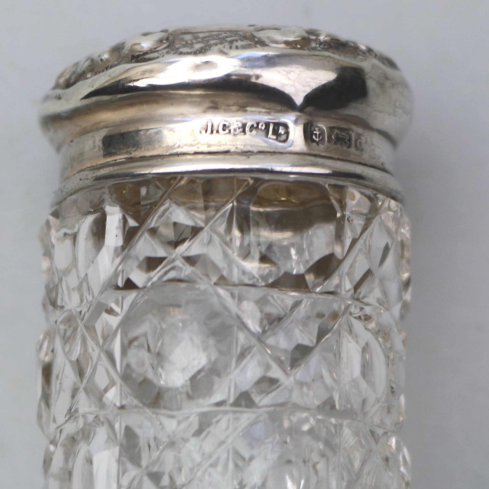 An antique Edwardian English sterling solid silver & cut glass Jar C.1903