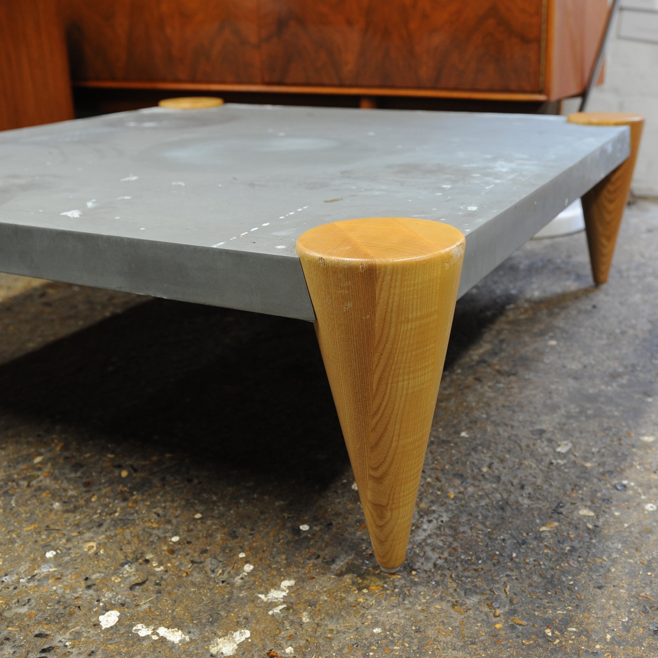 Zinc Square Coffee Table With Turned Oak Legs By Conran, 1980s