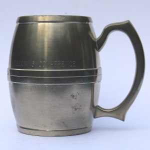 An attractive vintage novelty Beer Barrel pewter Singapore Tankard C.1977