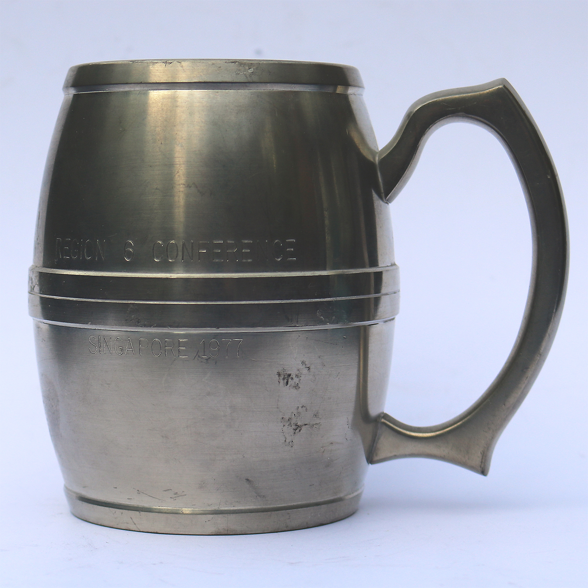 An attractive vintage novelty Beer Barrel pewter Singapore Tankard C.1977