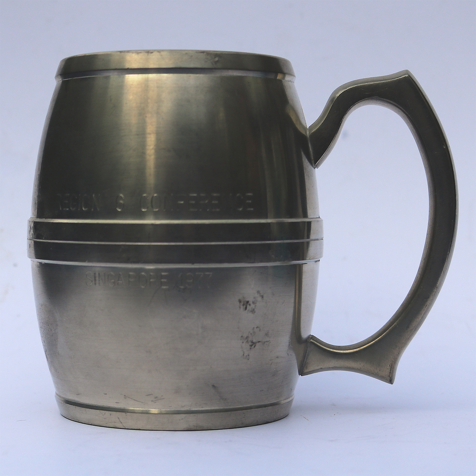 An attractive vintage novelty Beer Barrel pewter Singapore Tankard C.1977