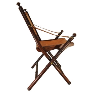 A Folding Safari Chair With Stitched Tan Leather Straps & Seat Faux Bamboo Legs