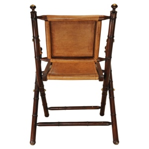 A Folding Safari Chair With Stitched Tan Leather Straps & Seat Faux Bamboo Legs