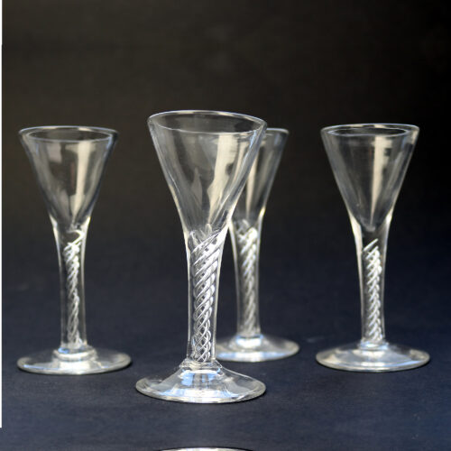 A set of 4X antique stemware hand blown air twist Shot Glasses C. early 20thC