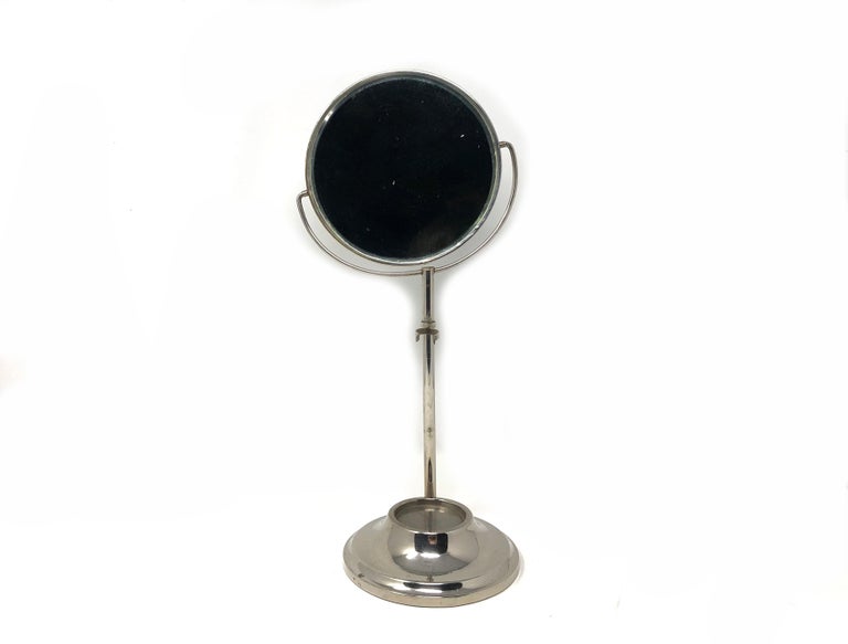 Antique Art Deco Chrome Silver Pedestal Shaving Mirror on Stand with Holder