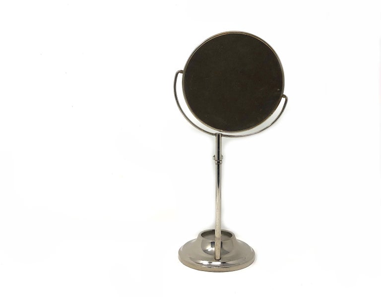 Antique Art Deco Chrome Silver Pedestal Shaving Mirror on Stand with Holder