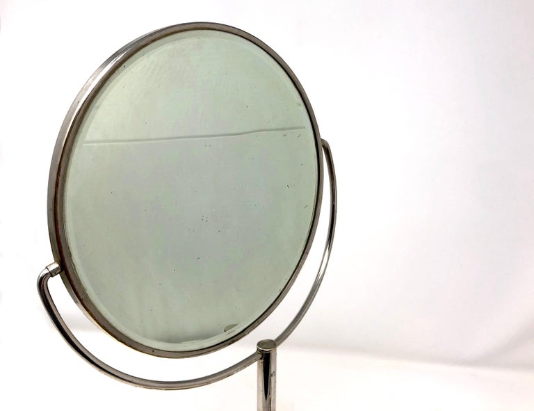 Antique Art Deco Chrome Silver Pedestal Shaving Mirror on Stand with Holder