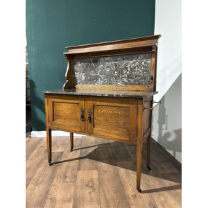 Antique Framed Oak Washstand With Marble Top & Back