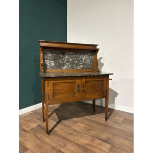 Antique Framed Oak Washstand With Marble Top & Back