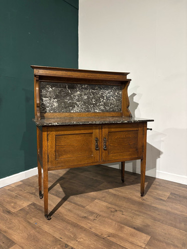 Antique Framed Oak Washstand With Marble Top & Back