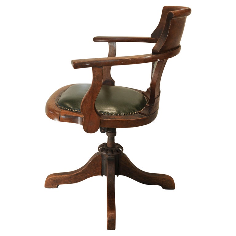 Antique Victorian English Racing Green Leather & Oak Revolving Desk Chair