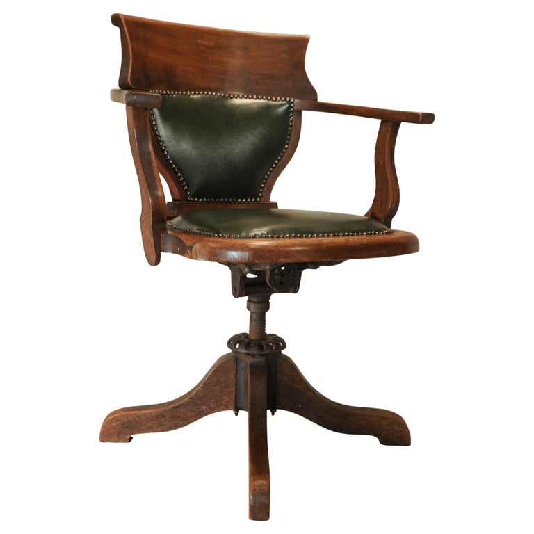 Antique Victorian English Racing Green Leather & Oak Revolving Desk Chair