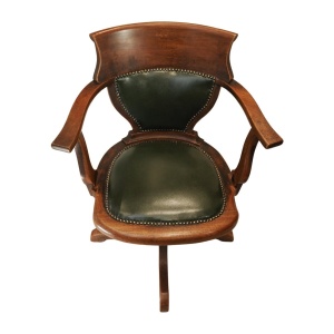 Antique Victorian English Racing Green Leather & Oak Revolving Desk Chair