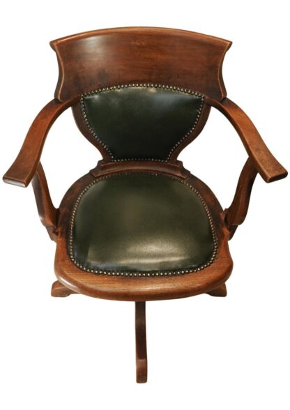 Antique Victorian English Racing Green Leather & Oak Revolving Desk Chair