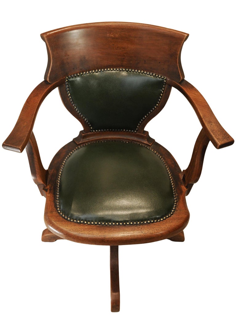 Antique Victorian English Racing Green Leather & Oak Revolving Desk Chair
