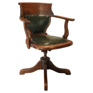Antique Victorian English Racing Green Leather & Oak Revolving Desk Chair