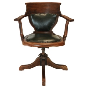 Antique Victorian English Racing Green Leather & Oak Revolving Desk Chair
