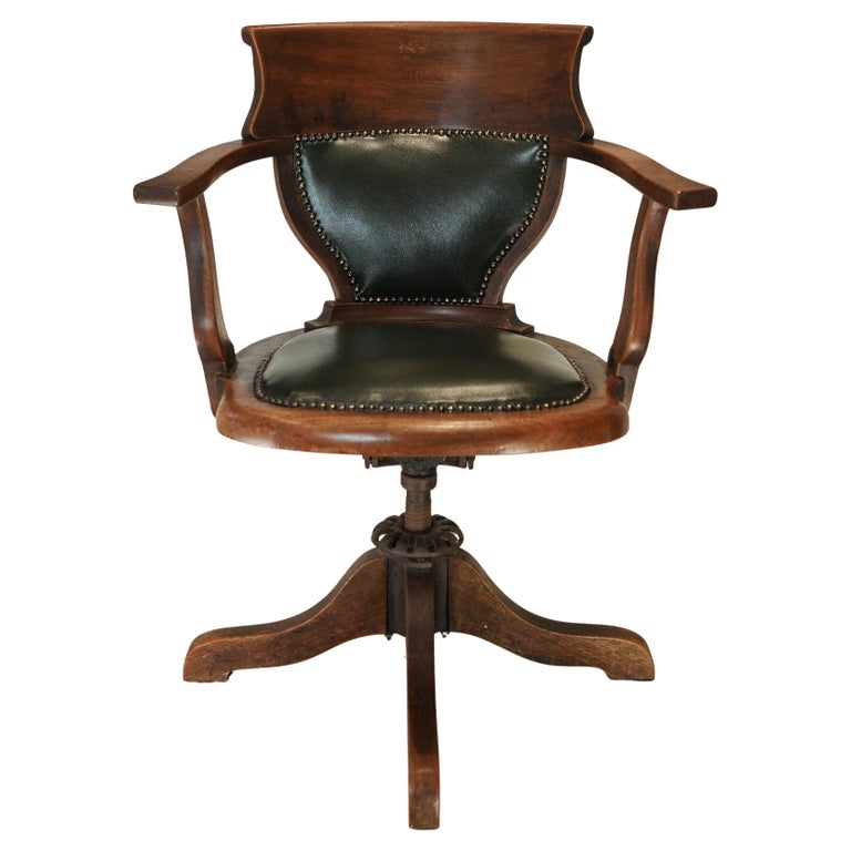 Antique Victorian English Racing Green Leather & Oak Revolving Desk Chair
