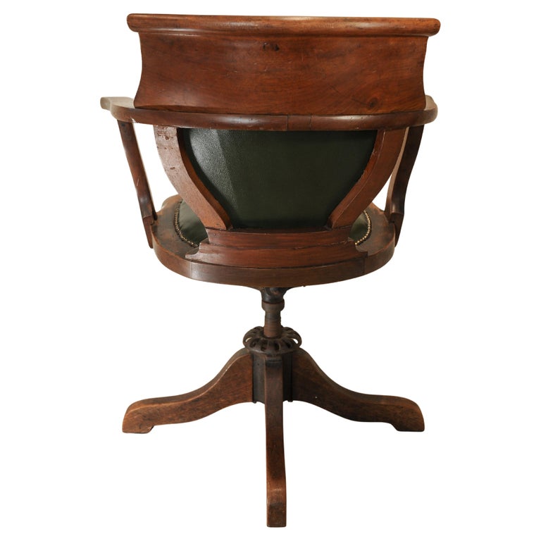 Antique Victorian English Racing Green Leather & Oak Revolving Desk Chair