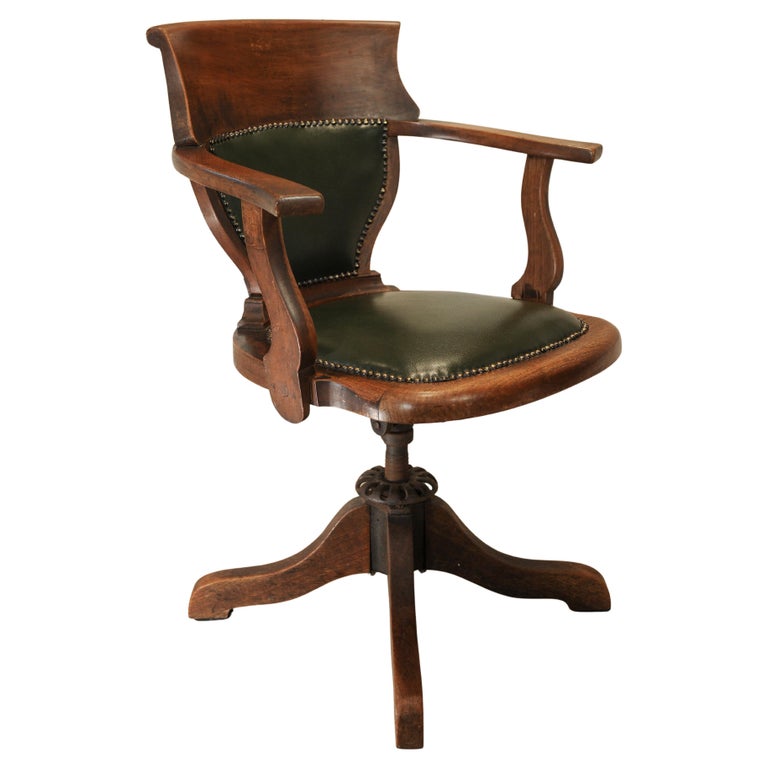Antique Victorian English Racing Green Leather & Oak Revolving Desk Chair