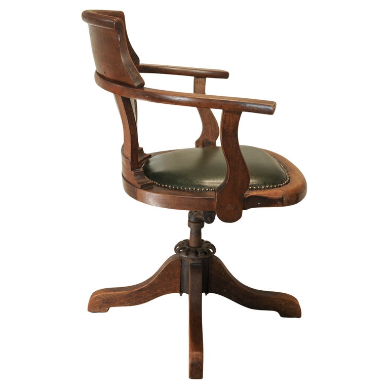 Antique Victorian English Racing Green Leather & Oak Revolving Desk Chair