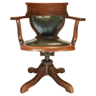 Antique Victorian English Racing Green Leather & Oak Revolving Desk Chair