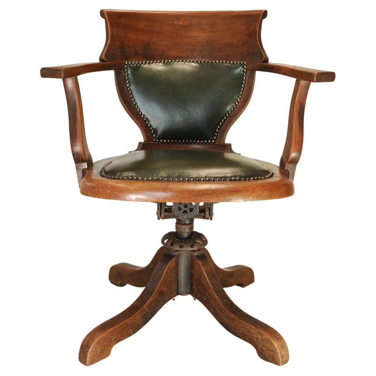 Antique Victorian English Racing Green Leather & Oak Revolving Desk Chair