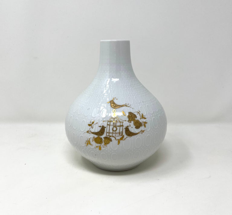 Bjorn Wiinblad Relief White Porcelain Vase for Rosenthal With Gilt Characters