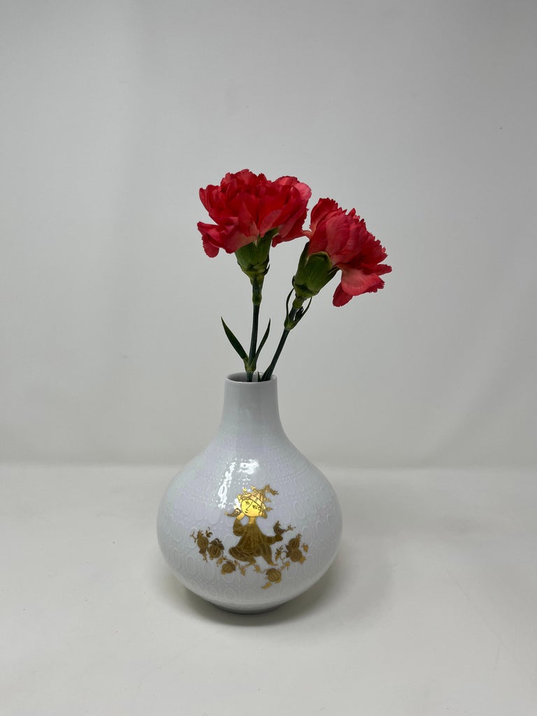 Bjorn Wiinblad Relief White Porcelain Vase for Rosenthal With Gilt Characters