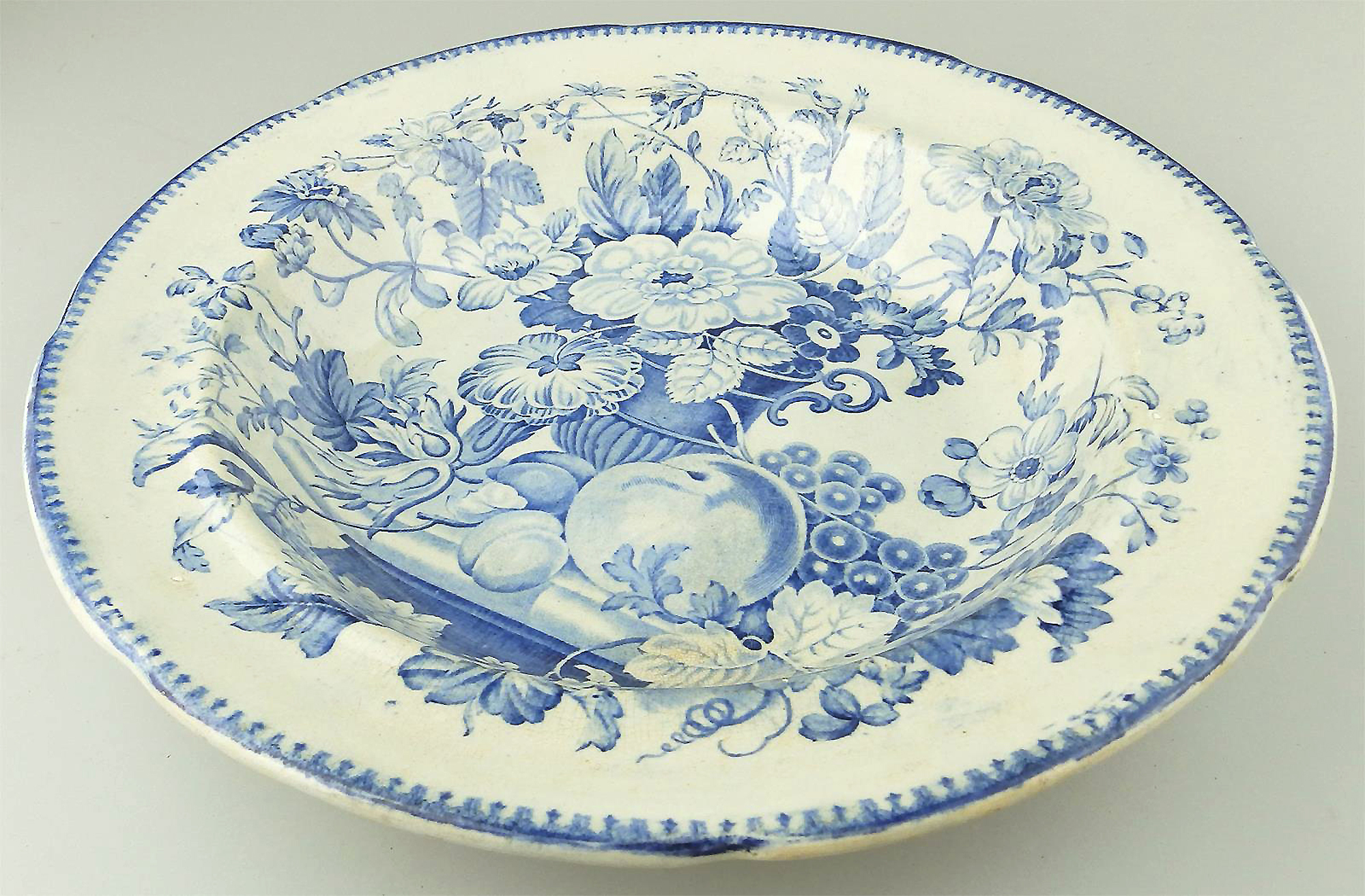 An unusual antique English pottery blue & white Transferware Soup Bowl C.19thC