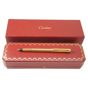Classic Cartier 18ct Gold Plated Ribbed Trinity Rollerball Pen & Cartier Box