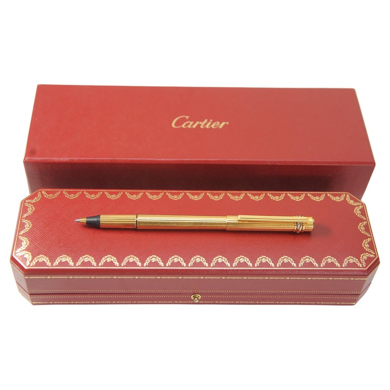 Classic Cartier 18ct Gold Plated Ribbed Trinity Rollerball Pen & Cartier Box