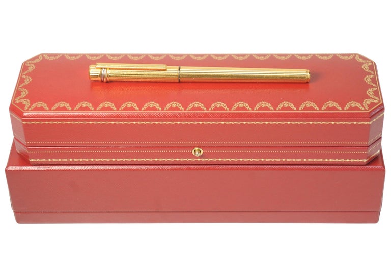 Classic Cartier 18ct Gold Plated Ribbed Trinity Rollerball Pen & Cartier Box