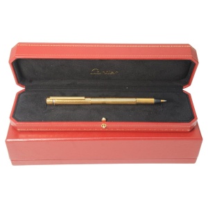 Classic Cartier 18ct Gold Plated Ribbed Trinity Rollerball Pen & Cartier Box