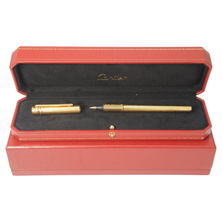 Classic Cartier 18ct Gold Plated Ribbed Trinity Rollerball Pen & Cartier Box