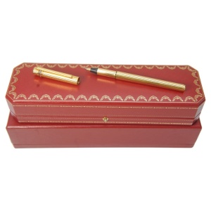 Classic Cartier 18ct Gold Plated Ribbed Trinity Rollerball Pen & Cartier Box
