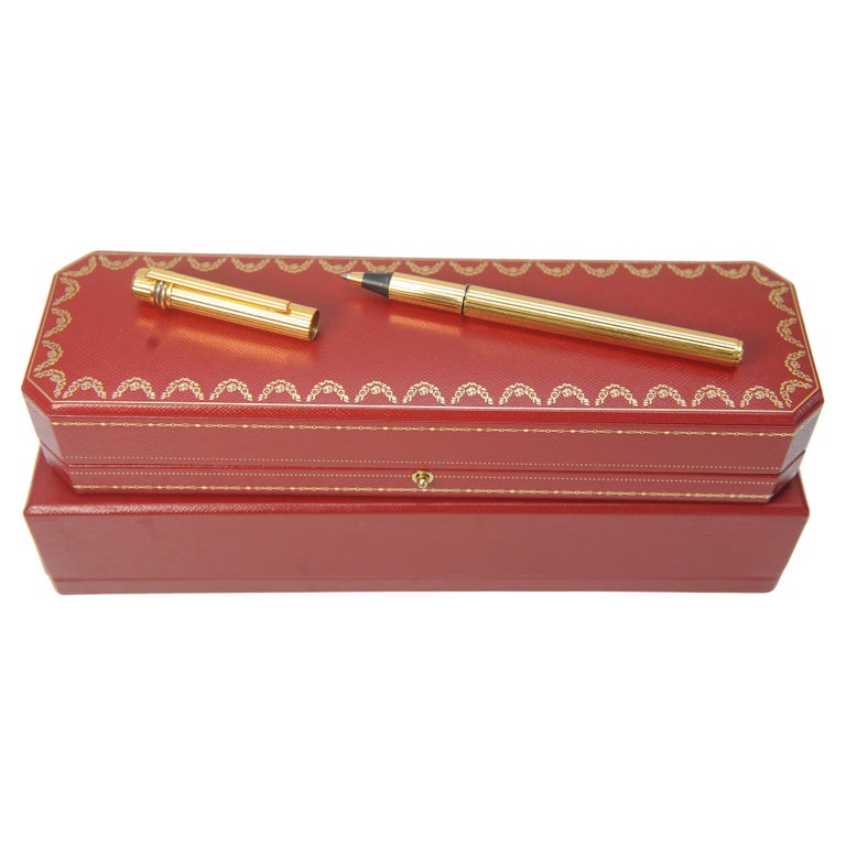 Classic Cartier 18ct Gold Plated Ribbed Trinity Rollerball Pen & Cartier Box