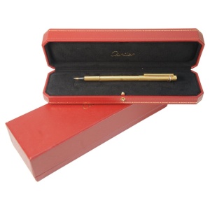 Classic Cartier 18ct Gold Plated Ribbed Trinity Rollerball Pen & Cartier Box