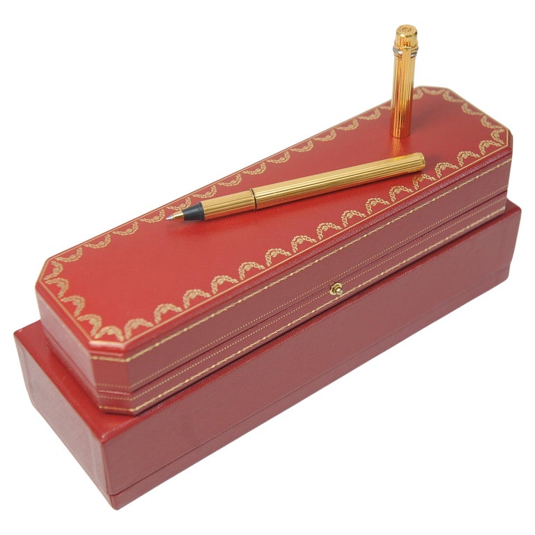 Classic Cartier 18ct Gold Plated Ribbed Trinity Rollerball Pen & Cartier Box