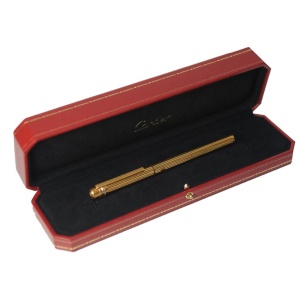 Classic Cartier 18ct Gold Plated Ribbed Trinity Rollerball Pen & Cartier Box